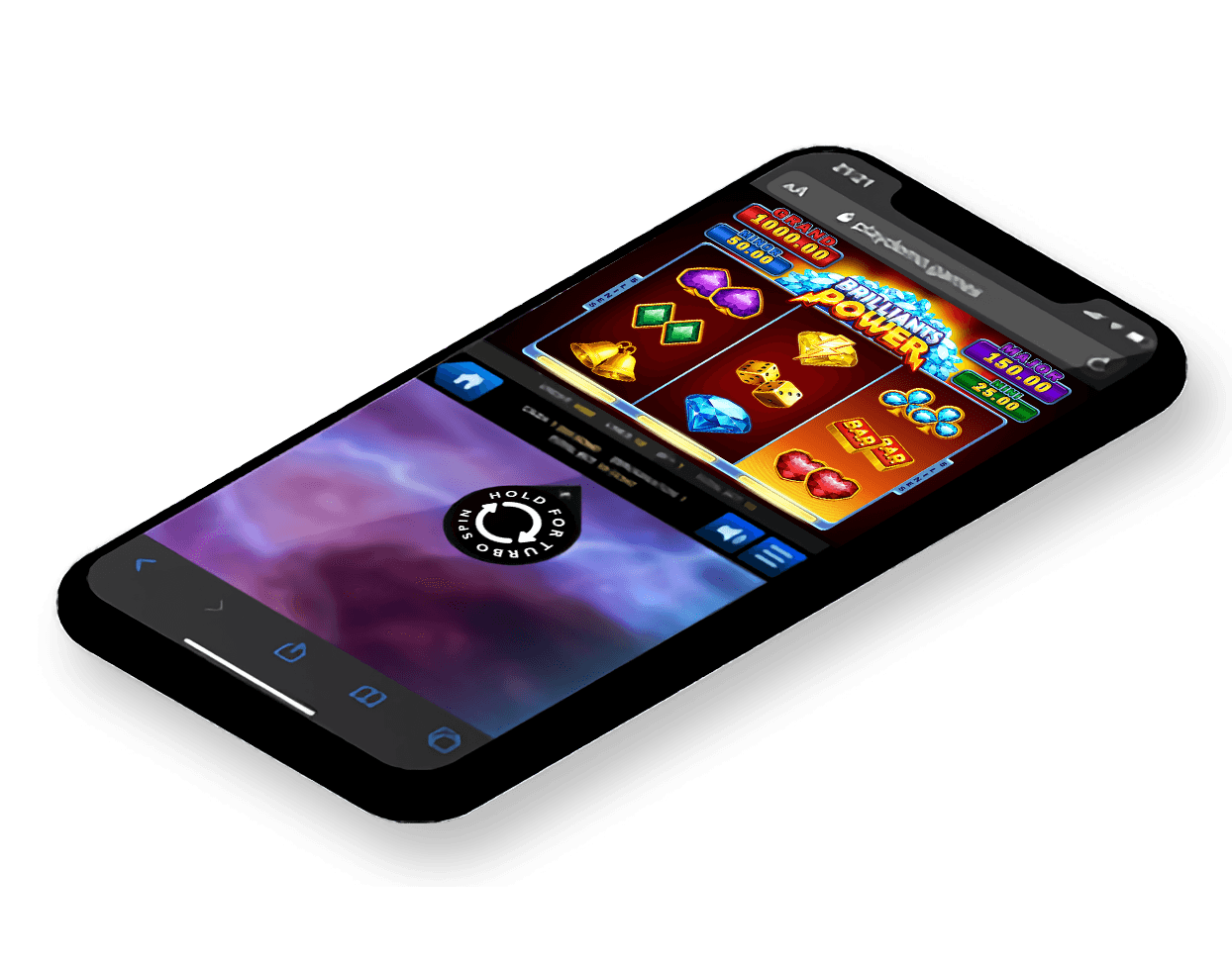 Mobile device showing slot game